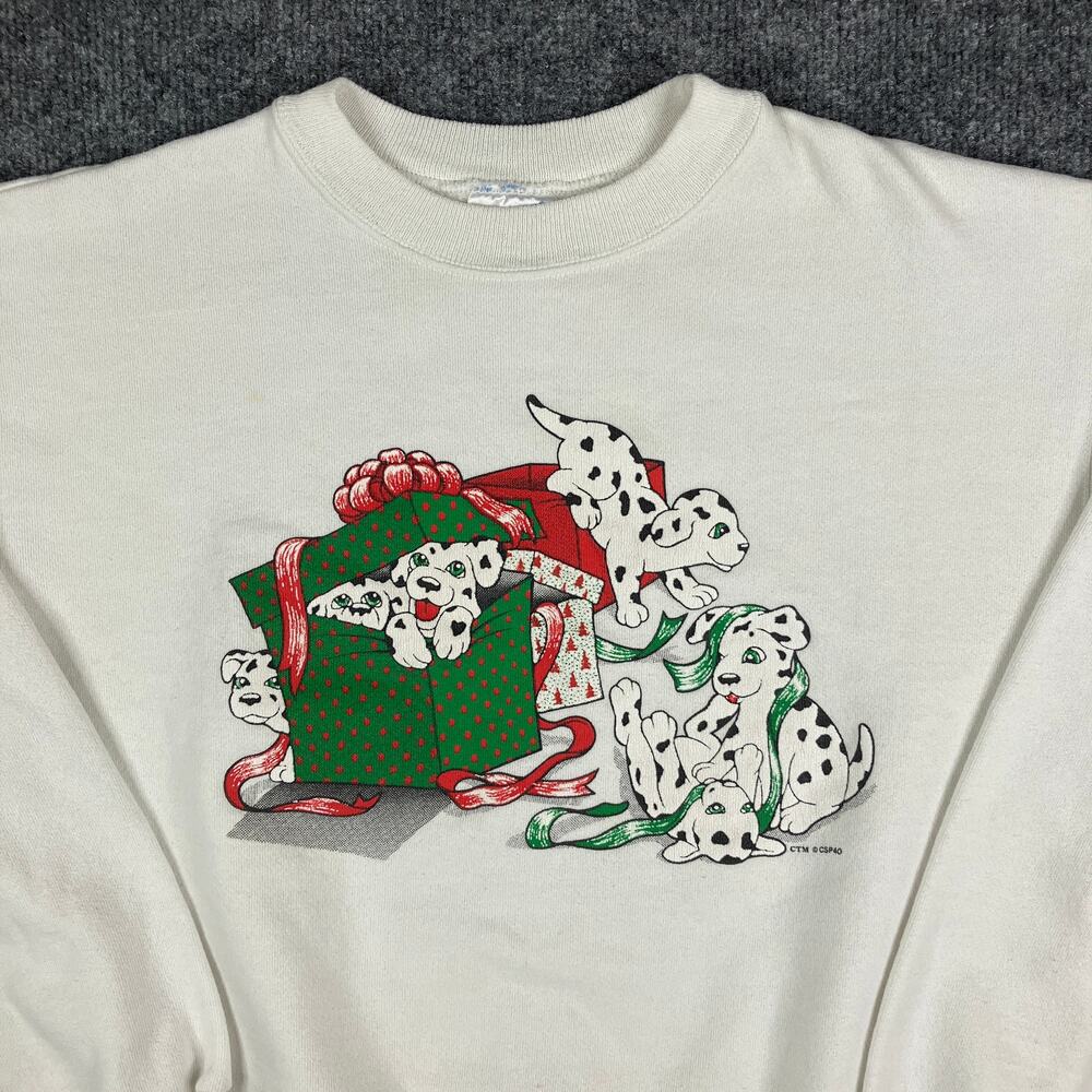 Hanes Sweatshirt Womens L White Vintage Dalmatian Christmas Graphic Crewneck